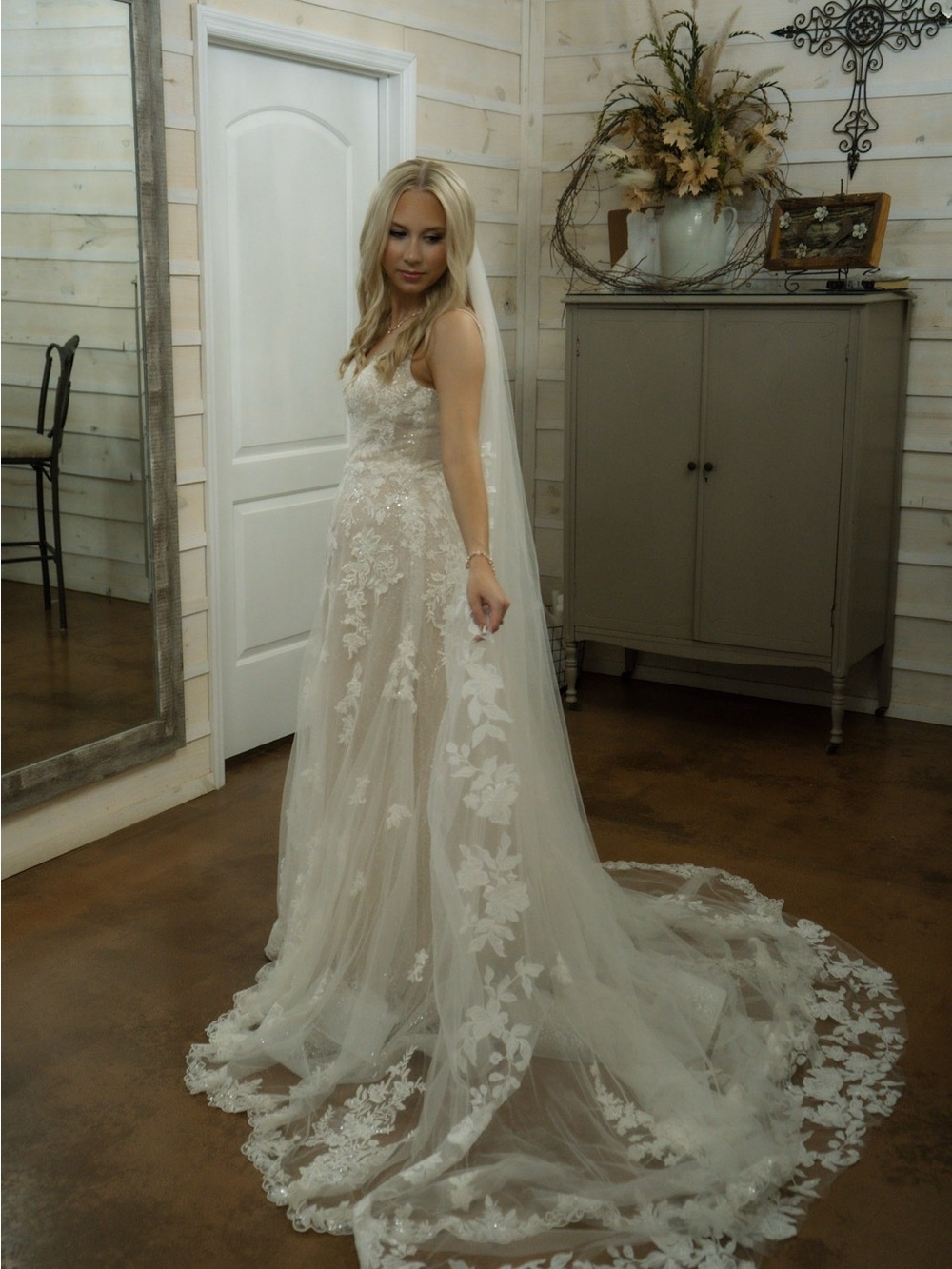 Galina Signature wedding dress, cathedral veil, and slip